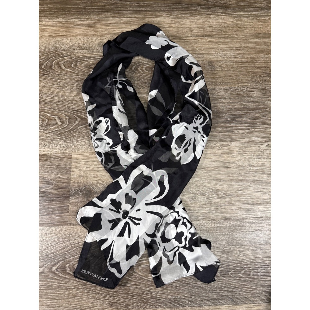 Jones New York 100% Silk Scarf Black White Floral Striped Sheer Oblong Wrap